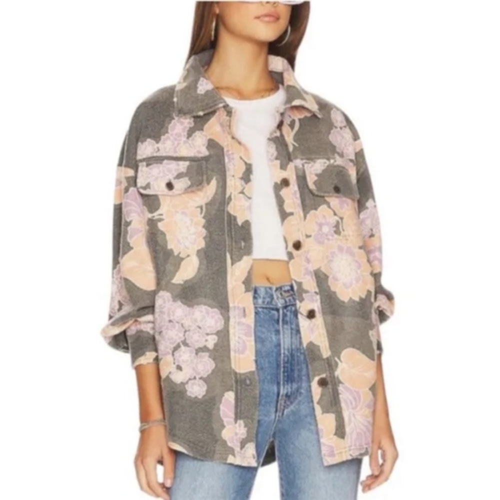 🩷Free People Ruby Shacket Jacket Oversized Charcoal Floral Fleece Size Small